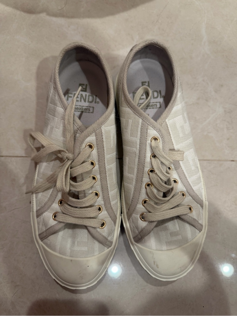 Fendi Ivory FF Logo Canvas Lace-Up Sneakers